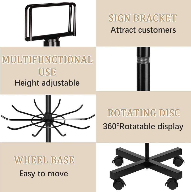 Exttlliy Retail Display Stand Store Display Rack 6 Tier Metal Spinning Display Stand Rack with Wheels Keychain Jewelry Stocking Hat Stand with Hooks for Malls, Showroom, Retail Store (6 Tier Black) - Image 4
